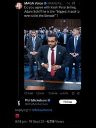 Screenshot from Mickelson's reply on the X post about Patel's dig towards Schiff / Source: @PhilMickelson on X